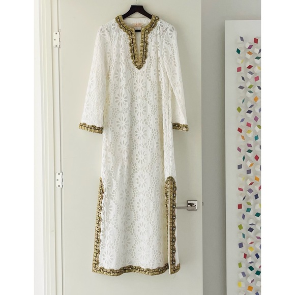 Tory Burch Runway Embellished Lace Caftan Dress 4 Broderie Anglaise 🤍 - Picture 7 of 15